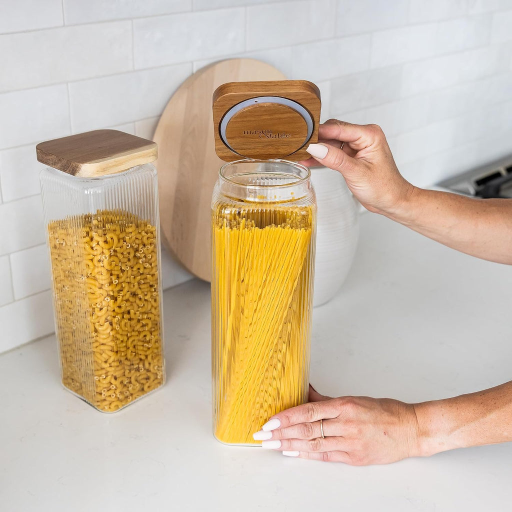 2 Ribbed Square Glass Jars with Wooden Lid