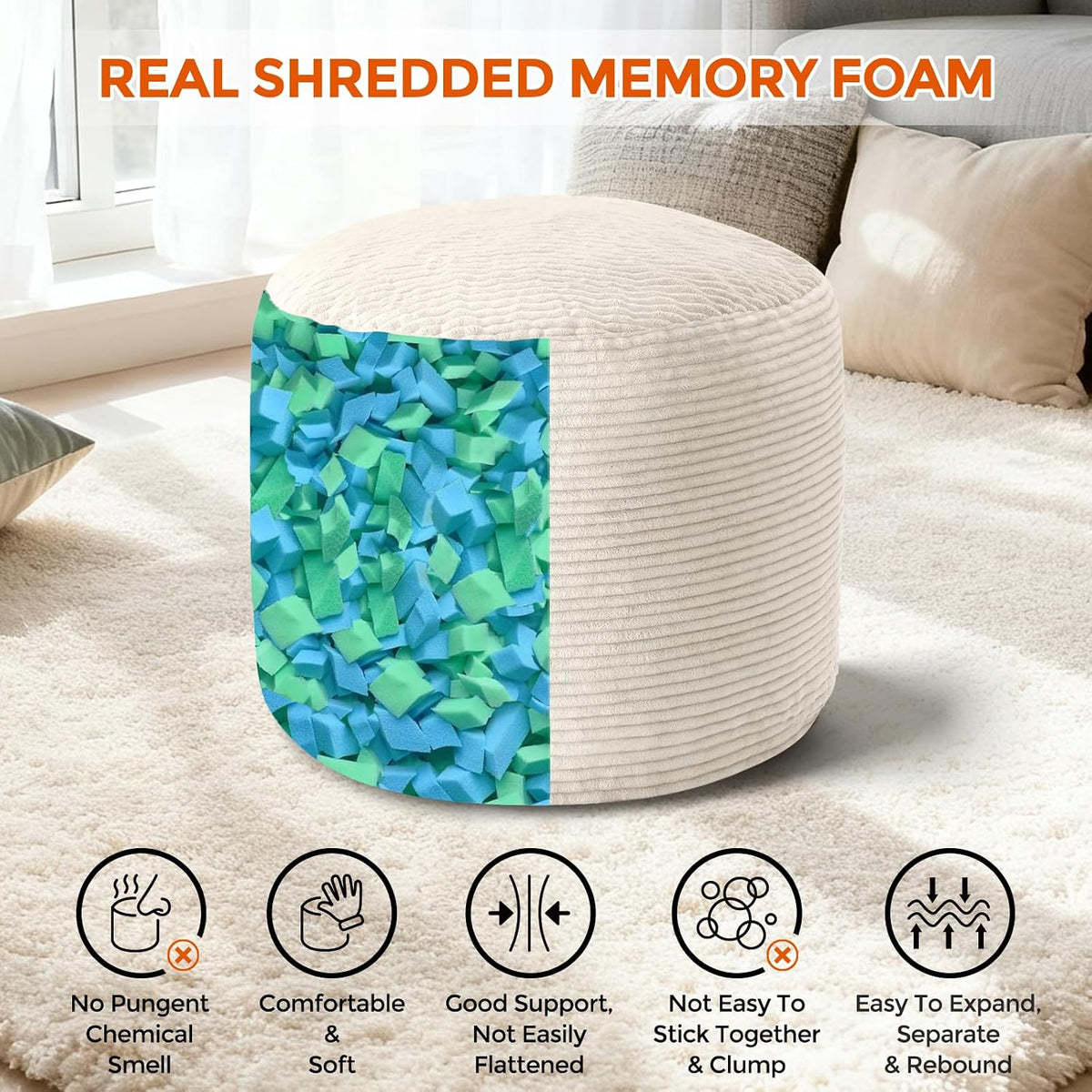26"x18" Beige Fluffy Corduroy Round Pouf Ottoman