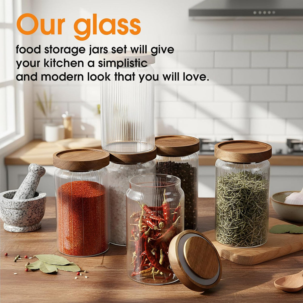 6 Ribbed Glass Jars with Airtight Wooden Lid