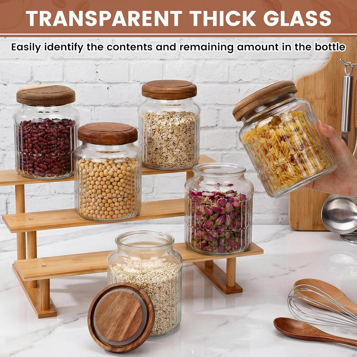 6 Vintage Ribbed Glass Jars with Wooden Lids