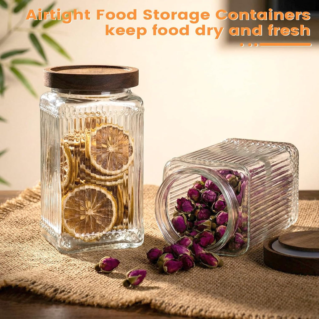 6 Ribbed Glass Storage Jars with Wooden Lids