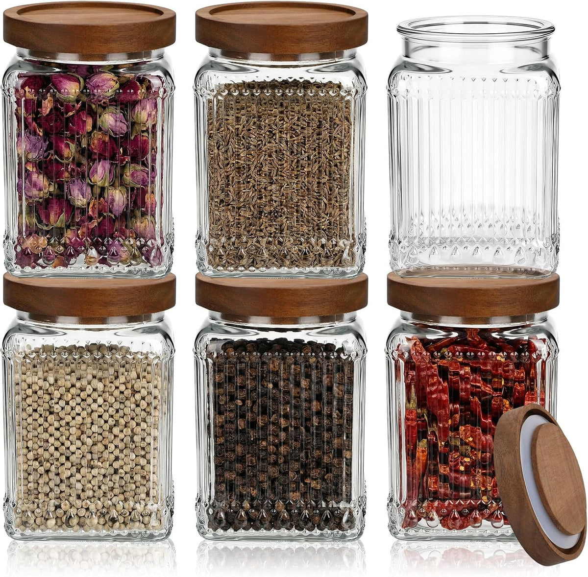 6 Glass Storage Jars Ribbed with Wooden Lids