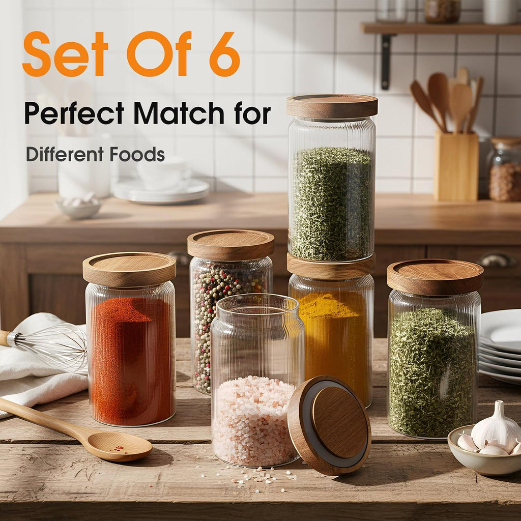 6 Ribbed Glass Jars with Airtight Wooden Lid