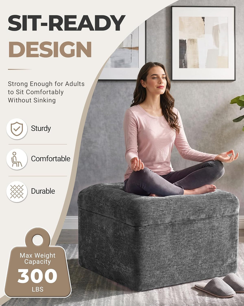 23.6" Grey Chenille Large Plush Pouf Ottoman