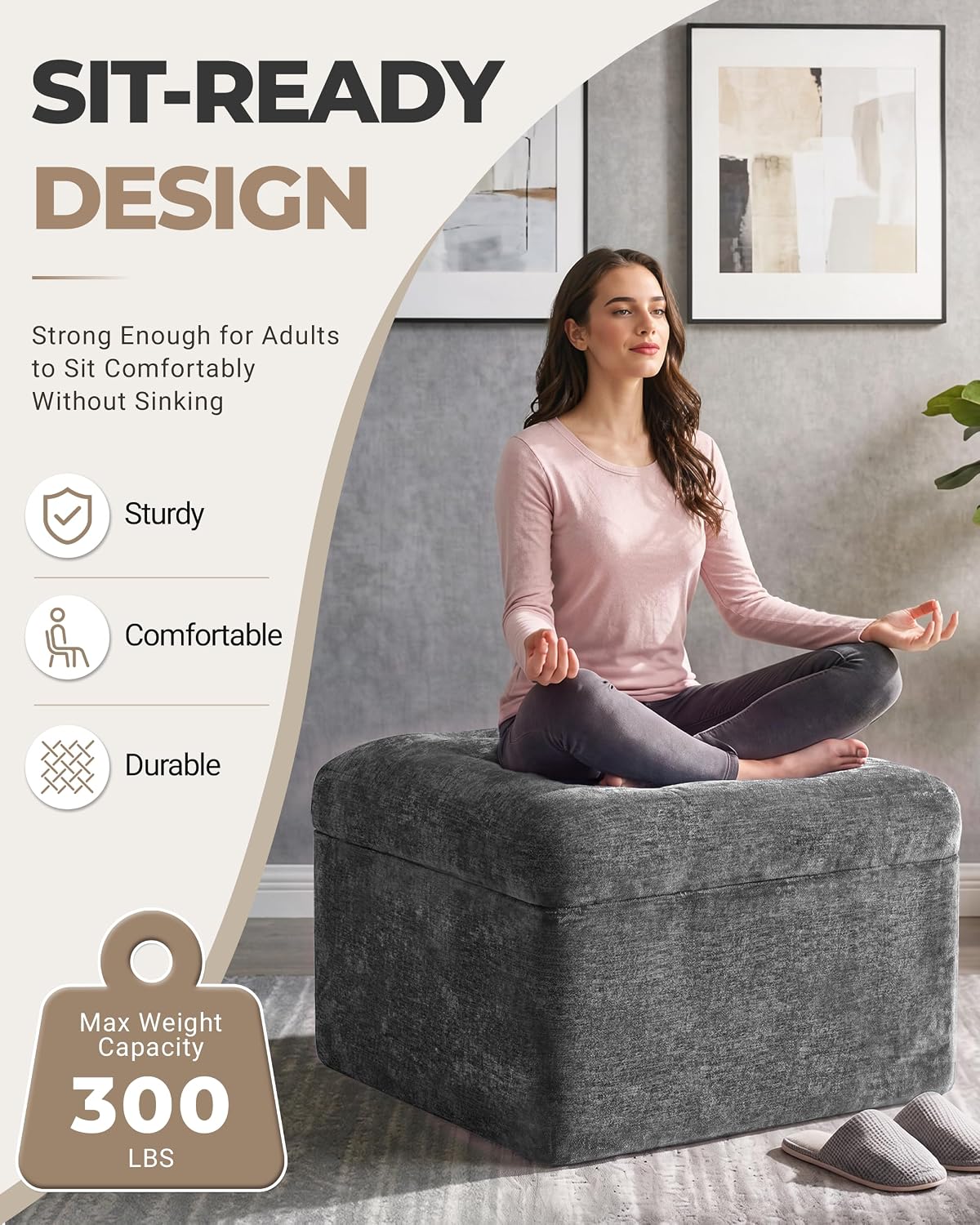 23.6" Grey Chenille Large Plush Pouf Ottoman
