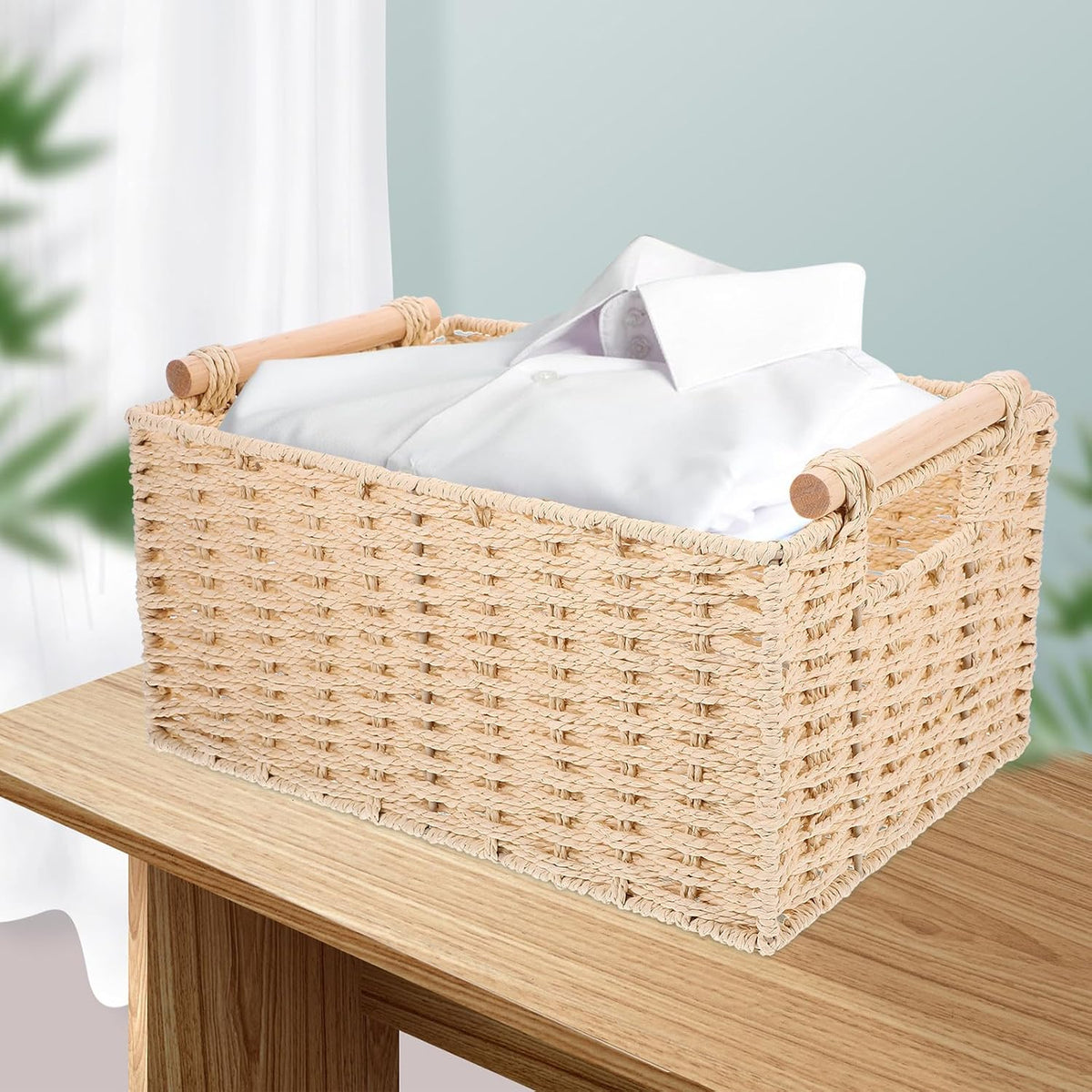 Beige Woven Storage Basket with Handle