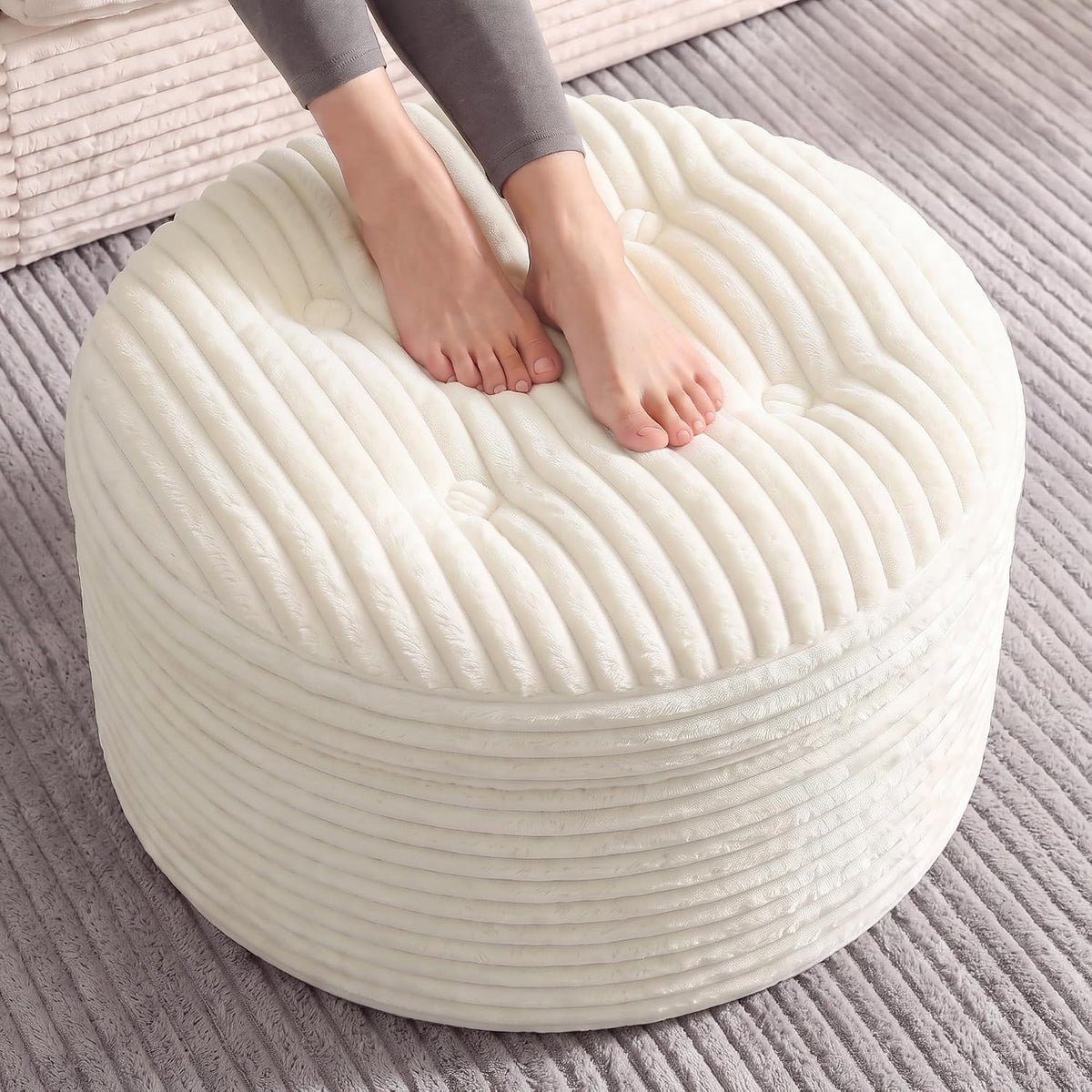 23.6" Beige Corduroy Pouf Ottoman