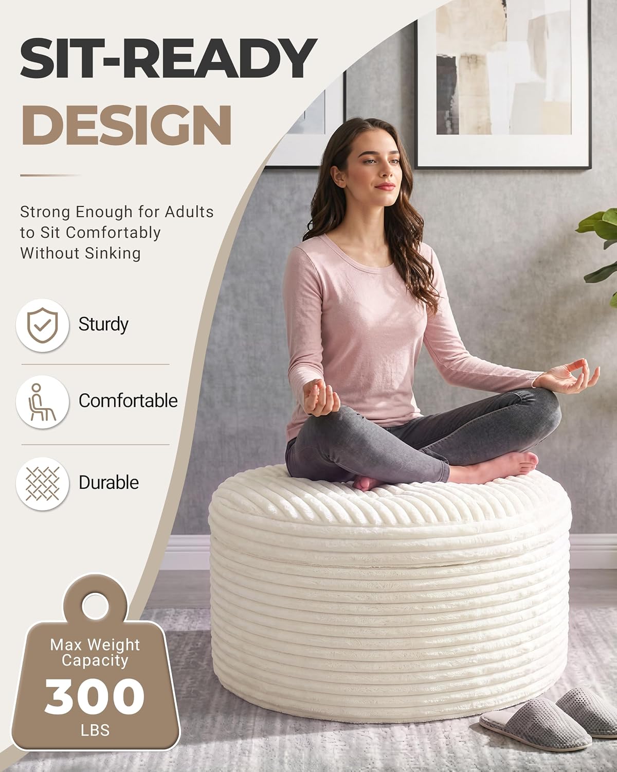23.6" Beige Corduroy Pouf Ottoman