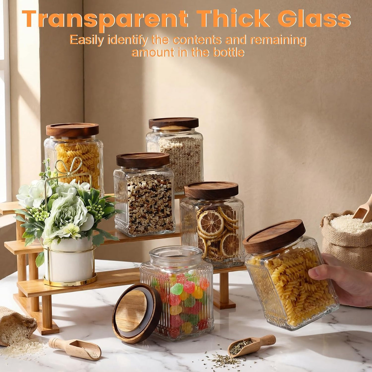 6 Glass Storage Jars Ribbed with Wooden Lids