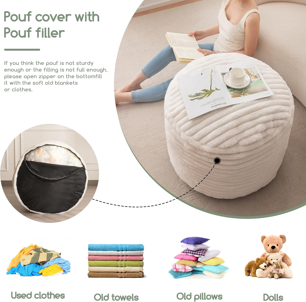 20"×15" Beige Stripe Faux Fur Round Pouf Ottoman