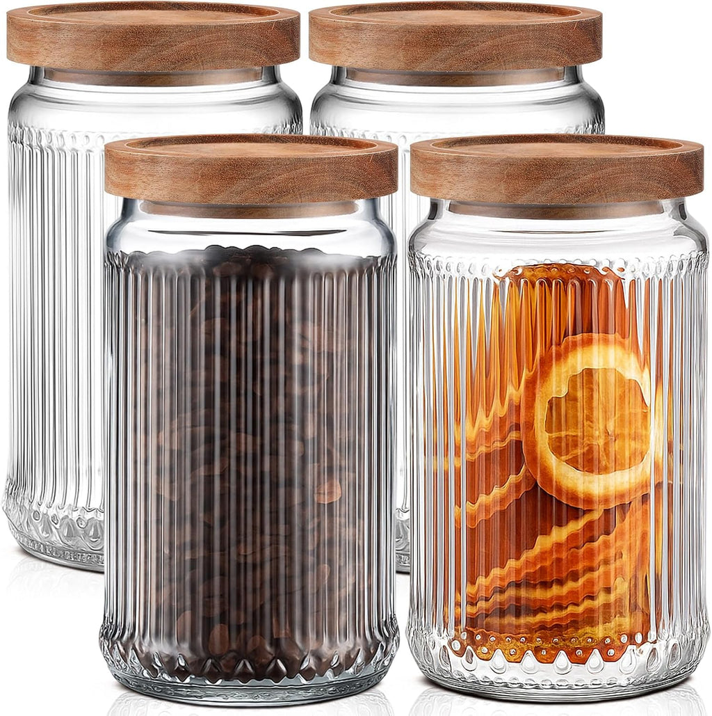 4 Vintage Glass Storage Jars with Wood Lid