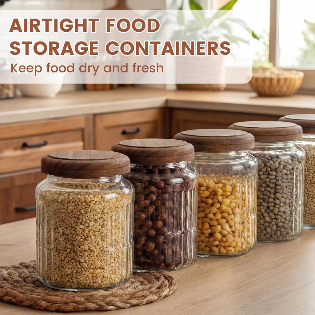 6 Vintage Ribbed Glass Jars with Wooden Lids