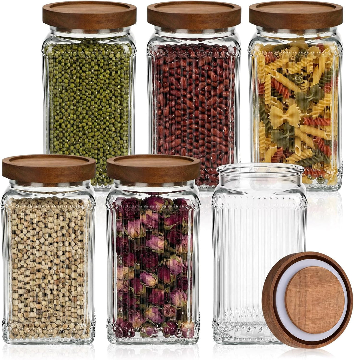 6 Ribbed Glass Storage Jars with Wooden Lids