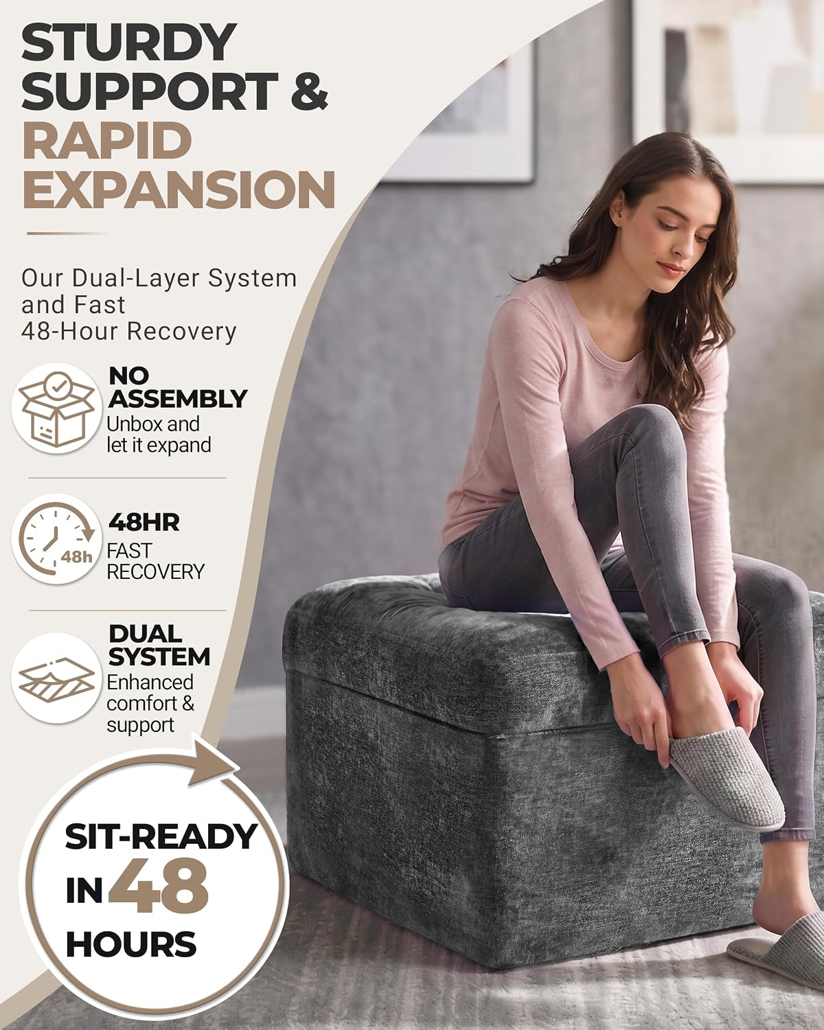 23.6" Grey Chenille Large Plush Pouf Ottoman