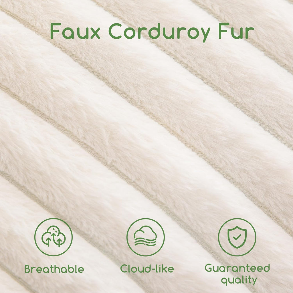 20"×15" Beige Stripe Faux Fur Round Pouf Ottoman
