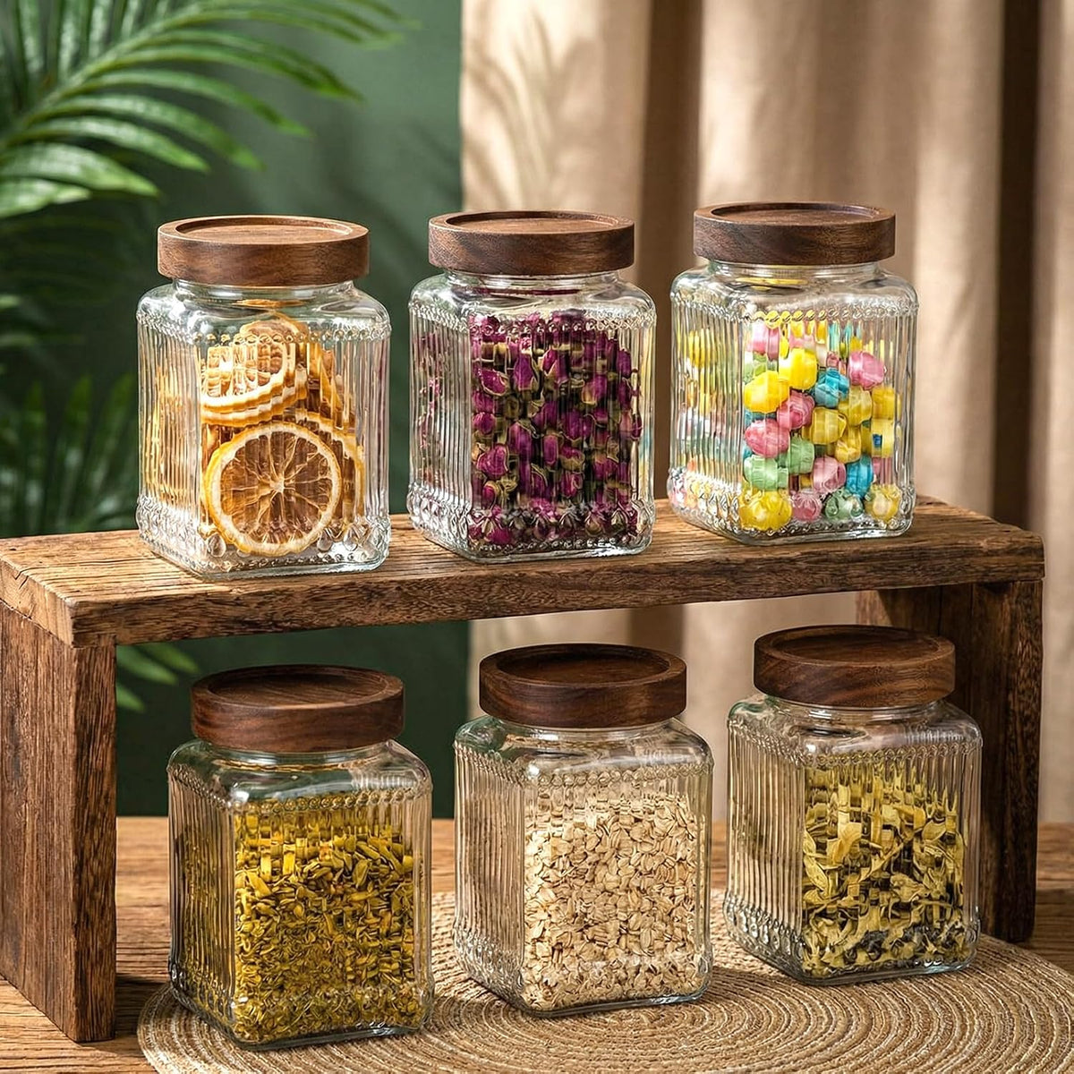 6 Glass Storage Jars Ribbed with Wooden Lids