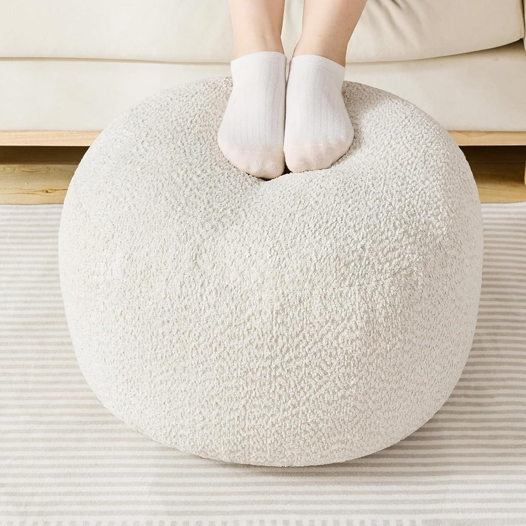20"×15" White Stuffed Round Pouf Ottoman