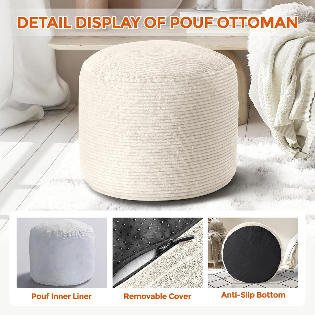 26"x18" Beige Fluffy Corduroy Round Pouf Ottoman