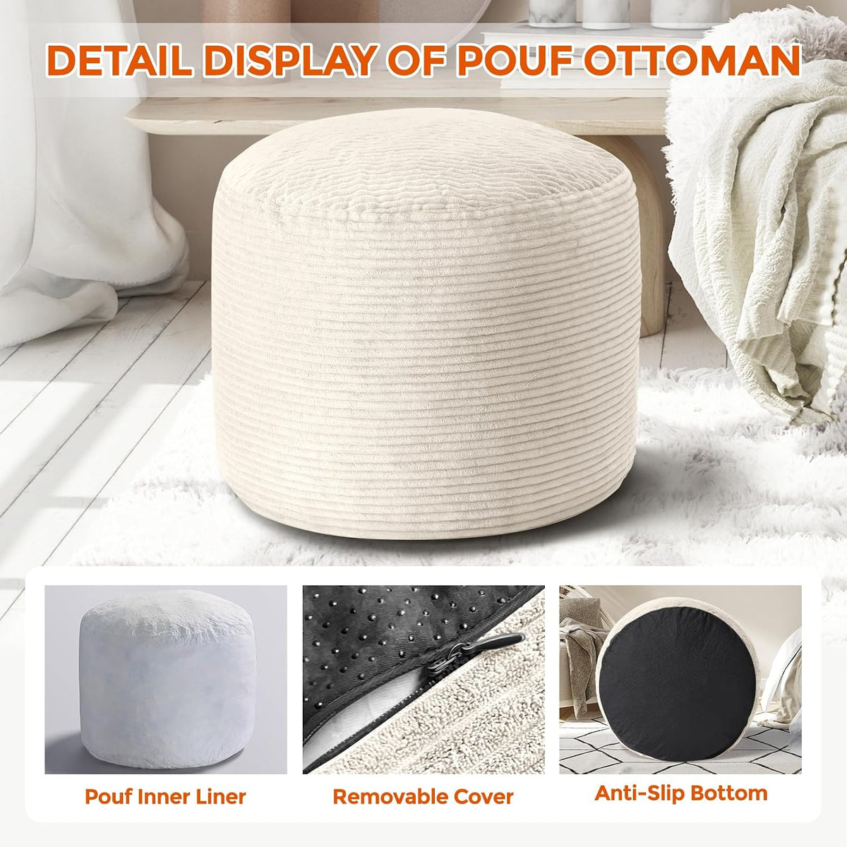 26"x18" Beige Fluffy Corduroy Round Pouf Ottoman