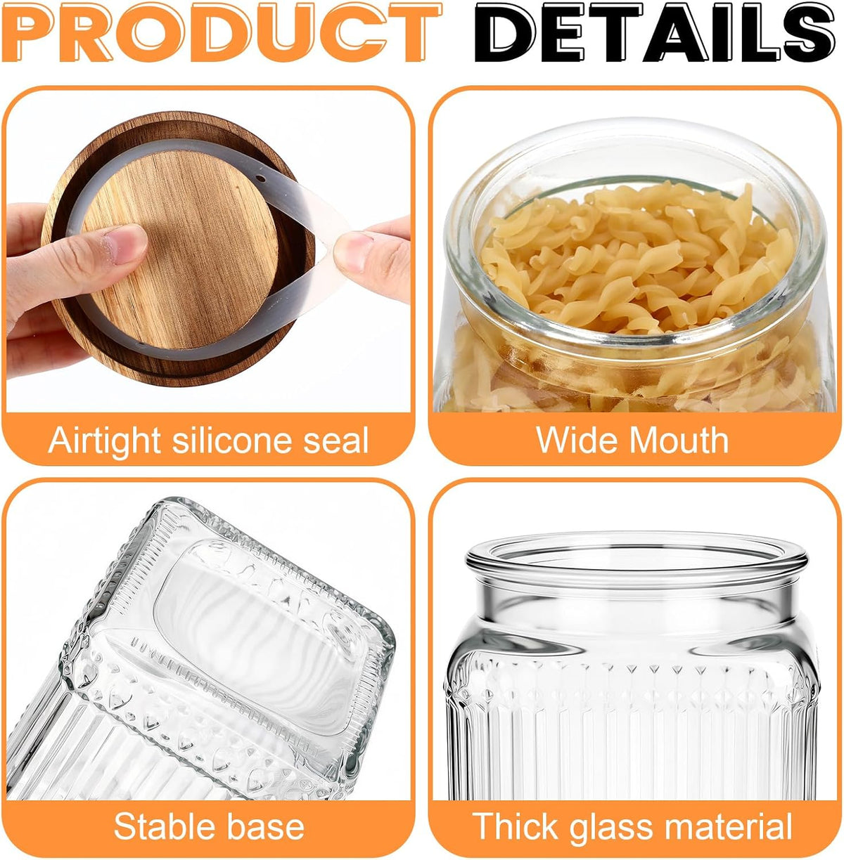 6 Glass Storage Jars Ribbed with Wooden Lids