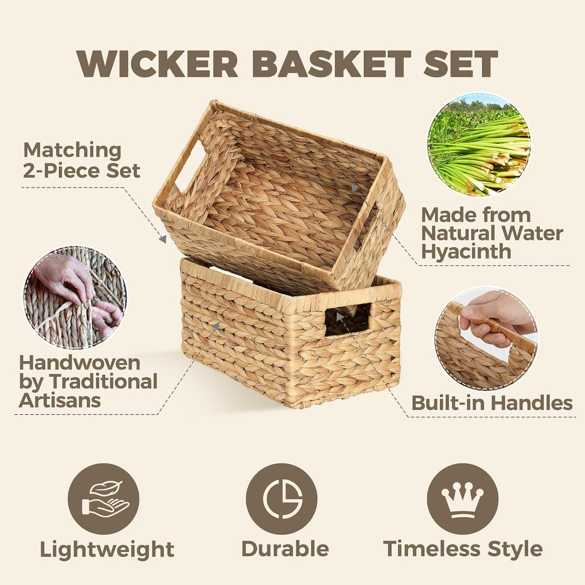 Set of 2 Water Hyacinth Wicker Storage Baskets 12.5"×8"×6.5"