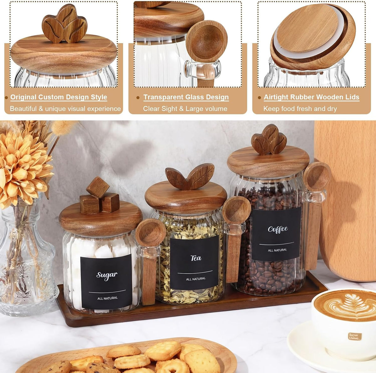 3 Glass Coffee Jars with Acacia Wooden Lid