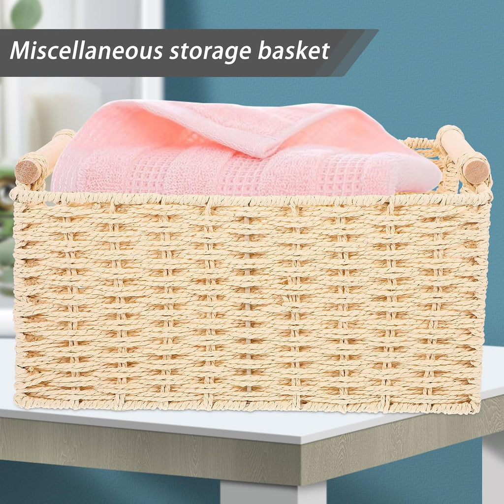 Beige Woven Storage Basket with Handle