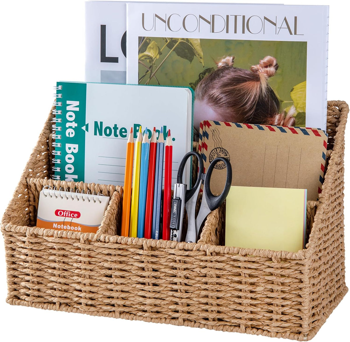 5‑Slot Rattan Tabletop Mail Desk Organizer