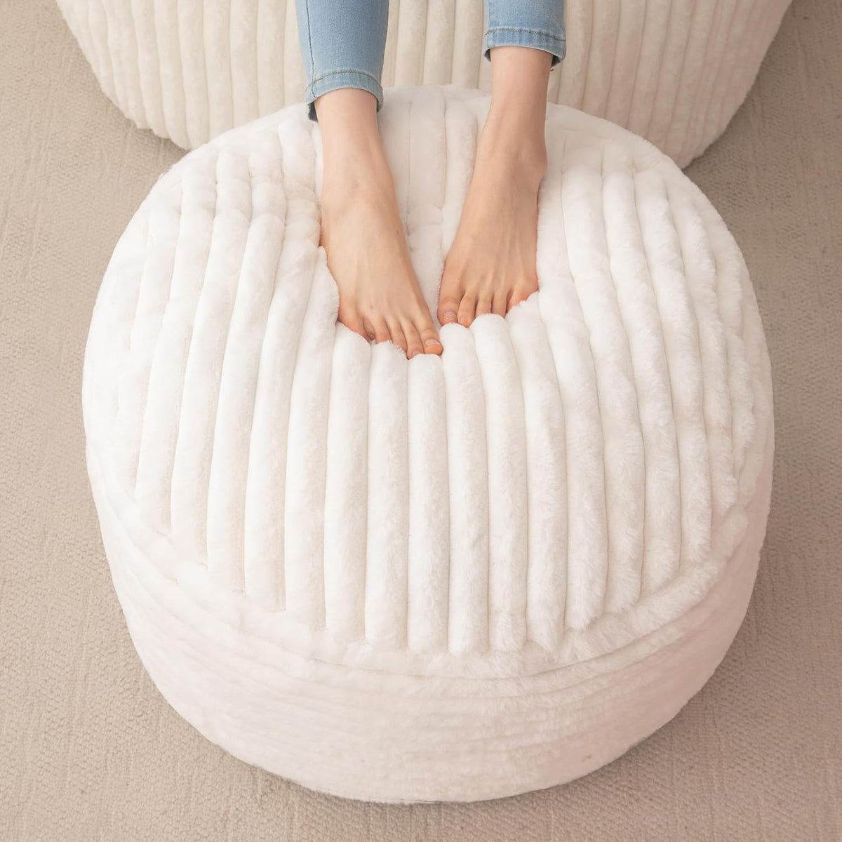 20"×15" Beige Stripe Faux Fur Round Pouf Ottoman