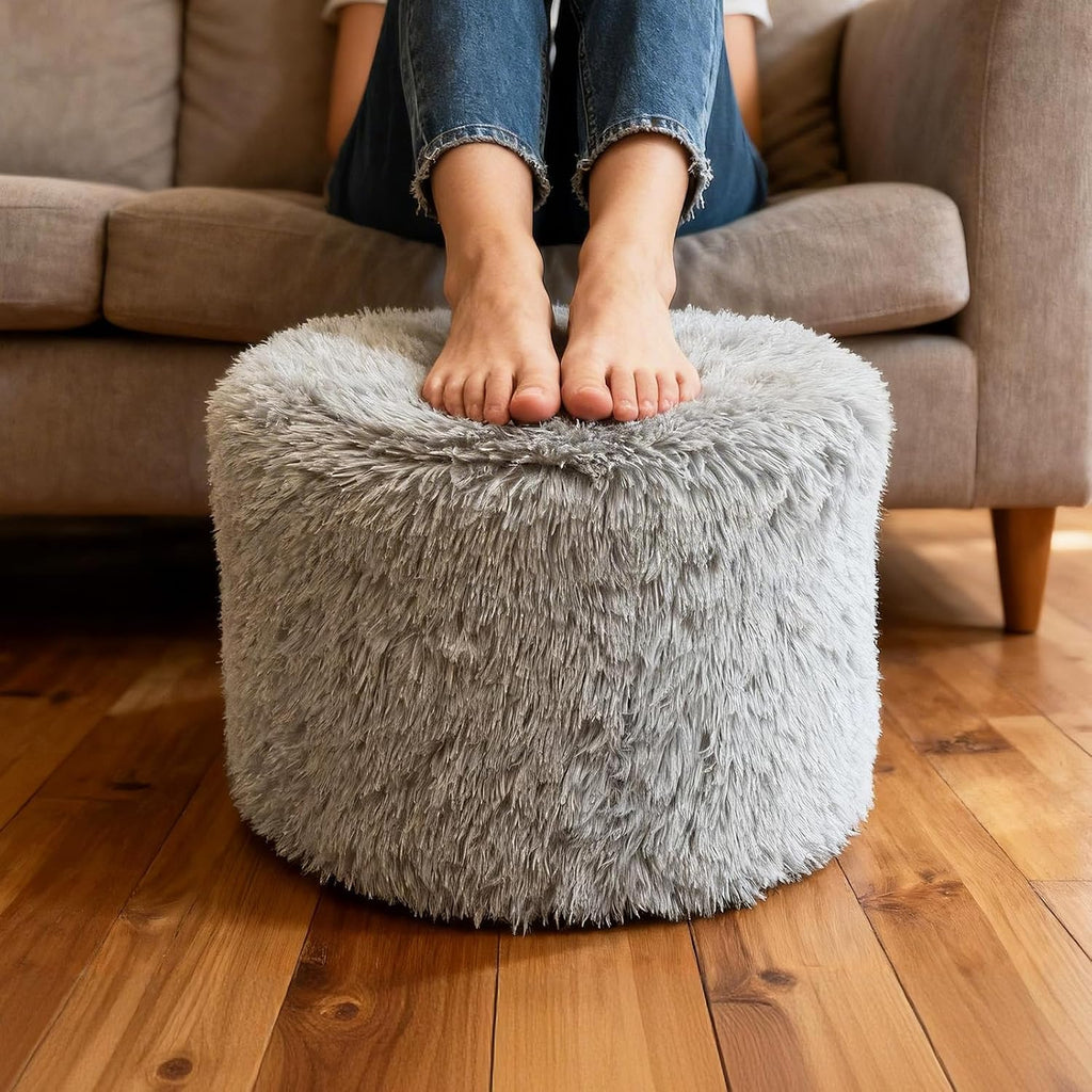 19"×15" Grey Modern Round Foam Pouf Ottoman