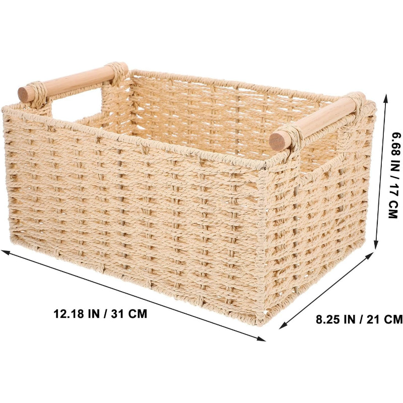 Beige Woven Storage Basket with Handle