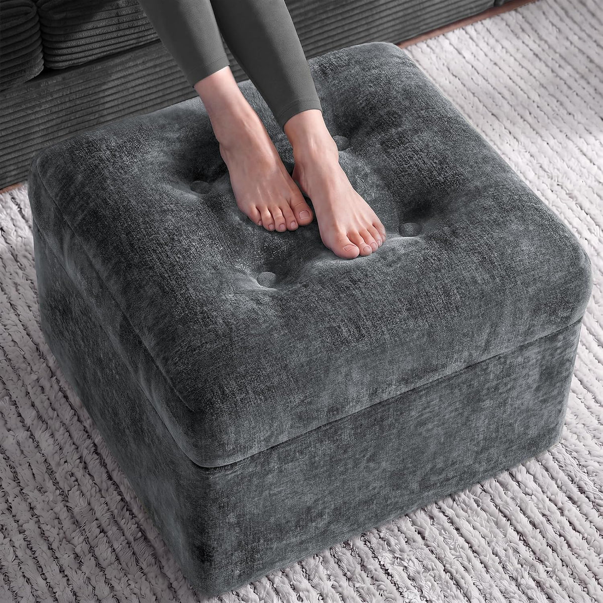 23.6" Grey Chenille Large Plush Pouf Ottoman