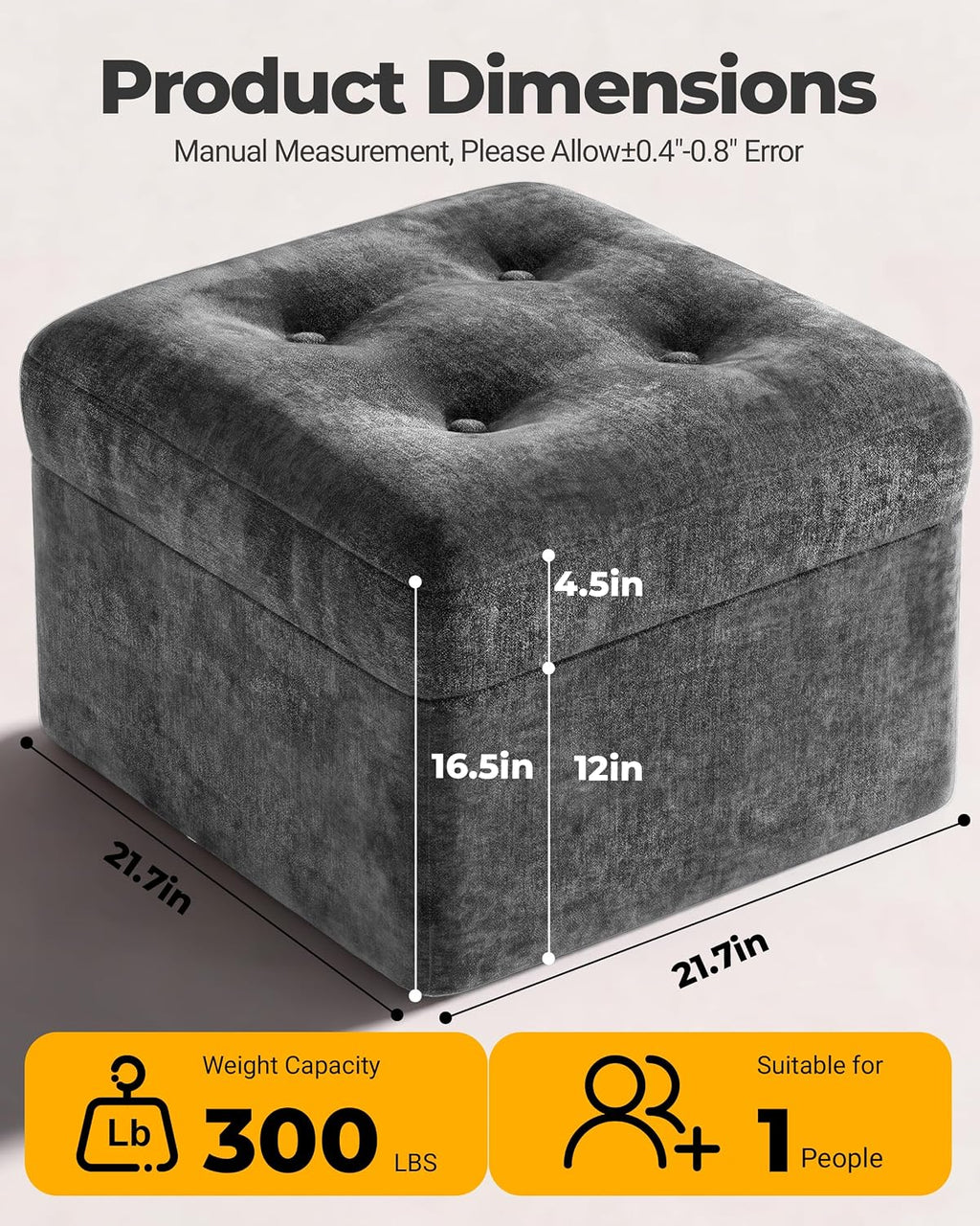 23.6" Grey Chenille Large Plush Pouf Ottoman