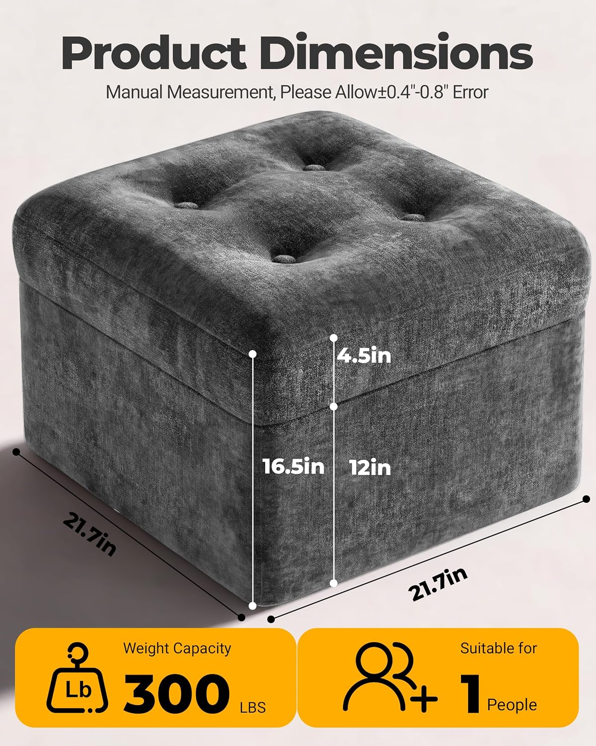 23.6" Grey Chenille Large Plush Pouf Ottoman