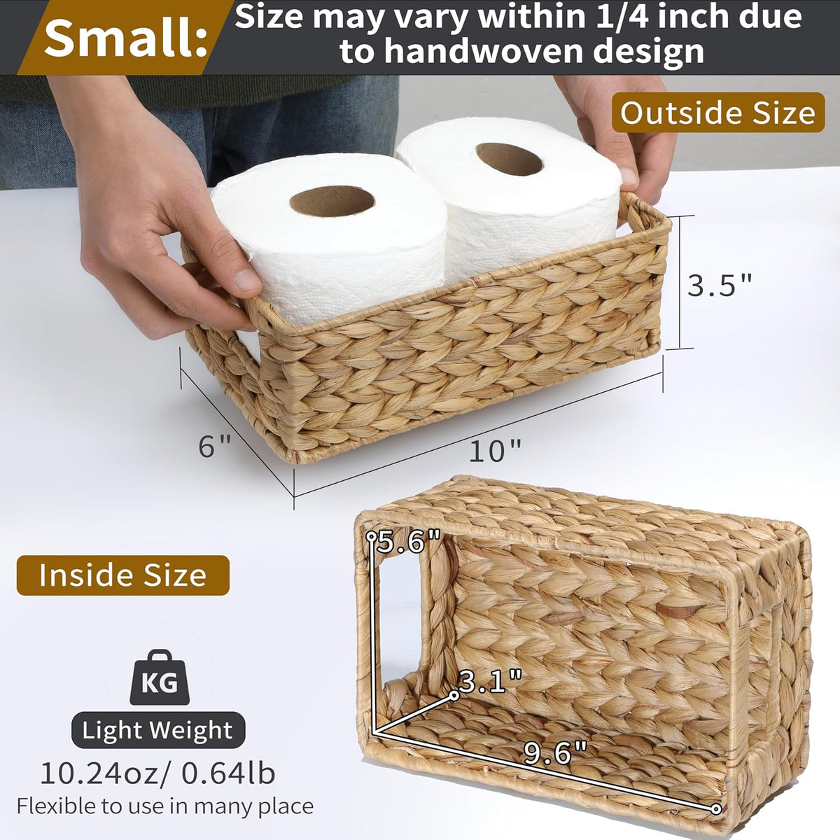 Set of 4 Shallow Rectangle Water Hyacinth Wicker Baskets 10"