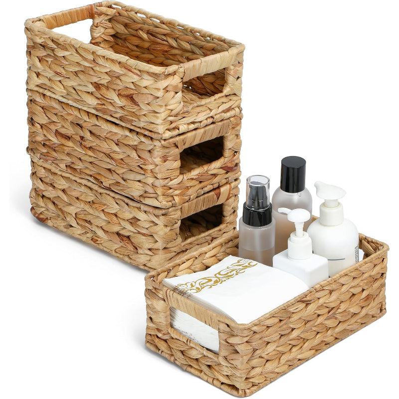 Set of 4 Shallow Rectangle Water Hyacinth Wicker Baskets 10"