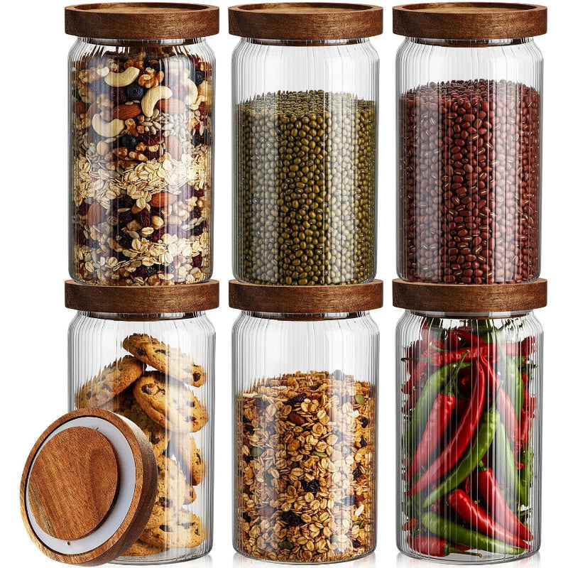 6 Ribbed Glass Jars with Airtight Wooden Lid