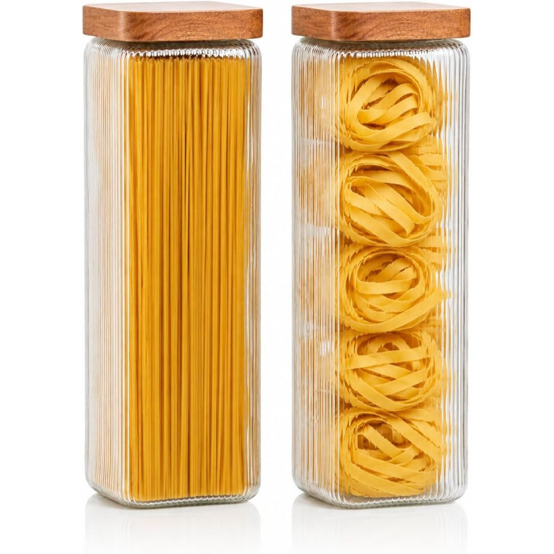 2 Ribbed Square Glass Jars with Wooden Lid