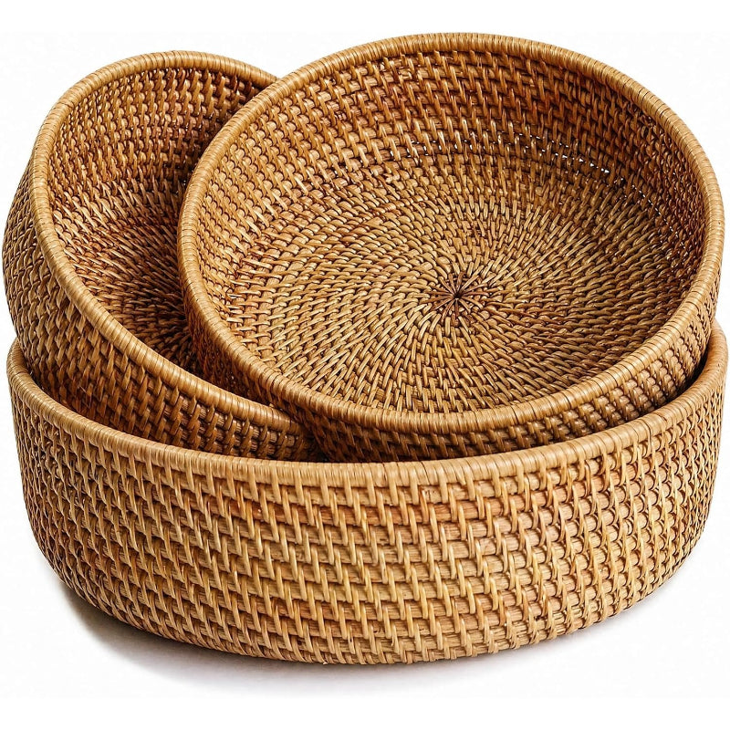 Set of 3 Handwoven Rattan Round Storage Baskets