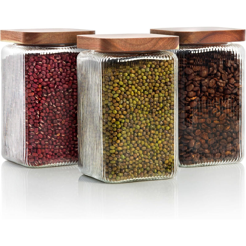 2 Ribbed Square Glass Jars with Wooden Lid