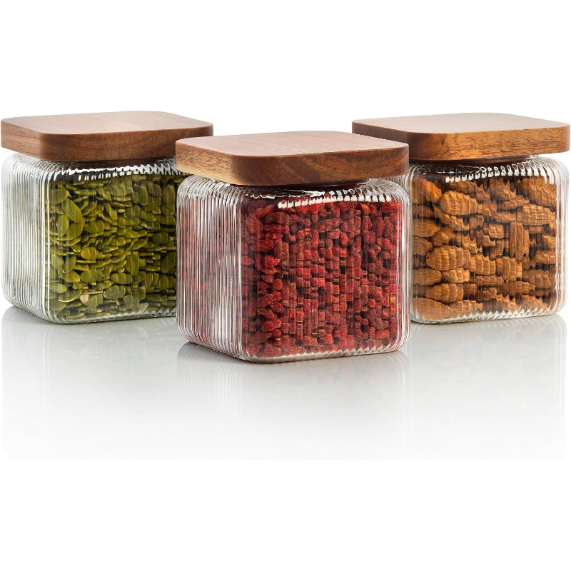 2 Ribbed Square Glass Jars with Wooden Lid
