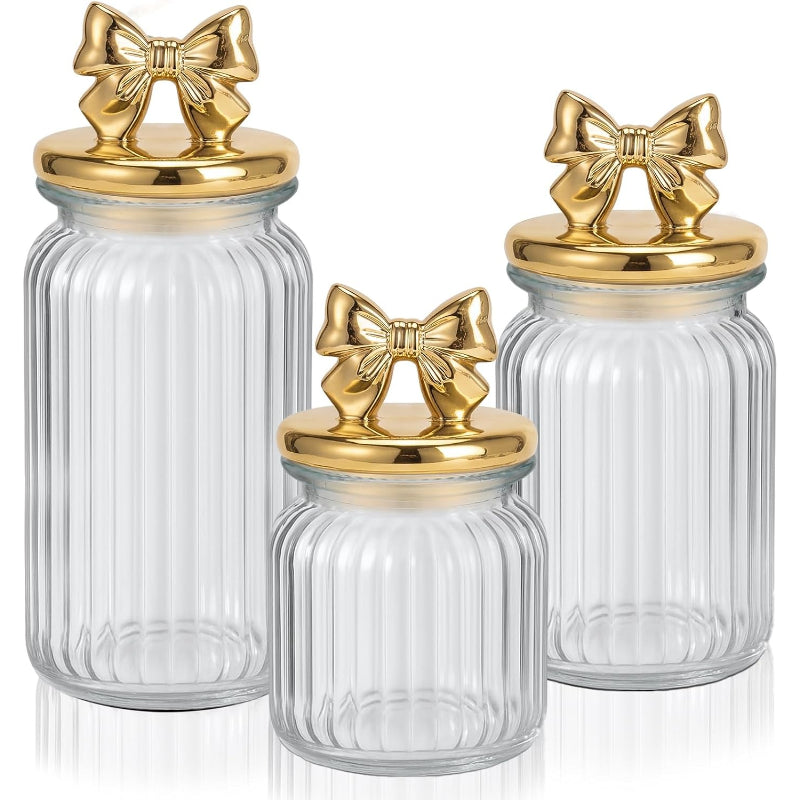 3 Gold Bow Glass Candy Jars with Ceramic Lids